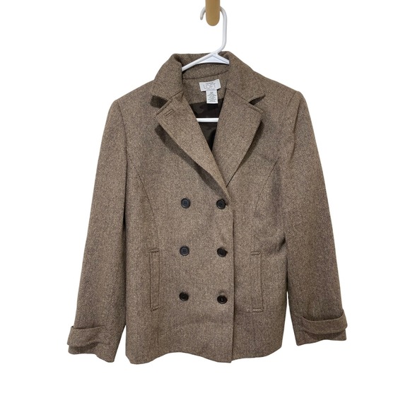 LOFT Herringbone Wool Blend Blazer Double Breasted Jacket‎ Brown Petite 10P - Picture 1 of 3